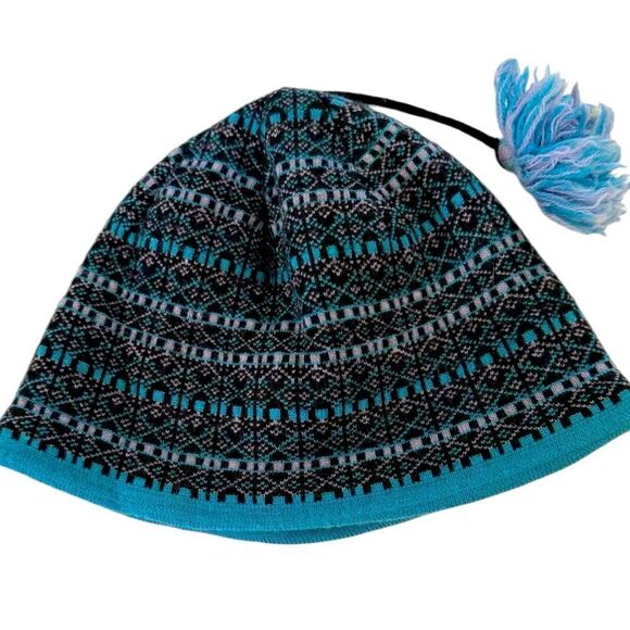 vtg Turtle Fur tassel beanie turquoise black winter hat merino wool knit - Picture 2 of 6